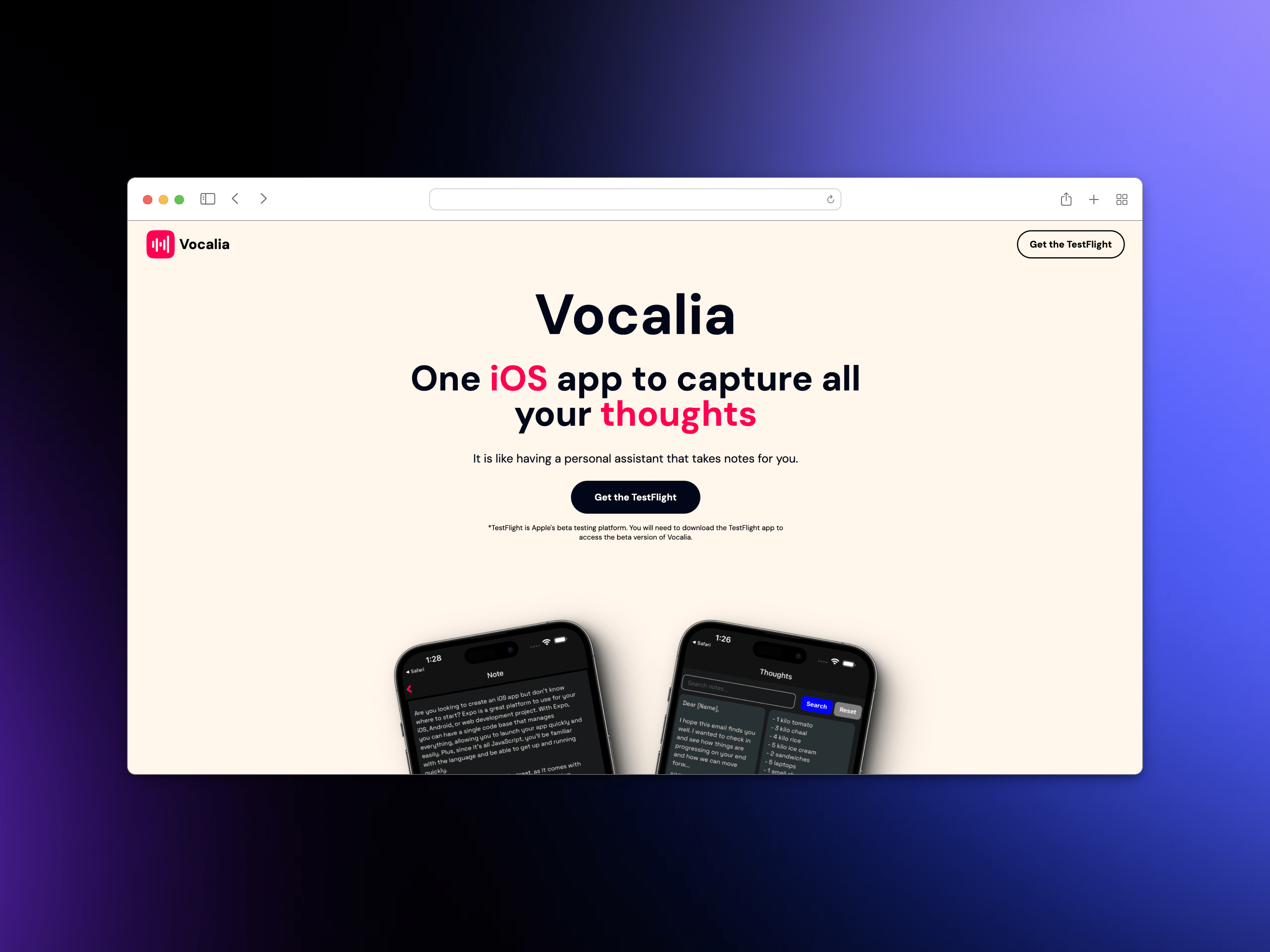 Vocalia App - iOS App landing page