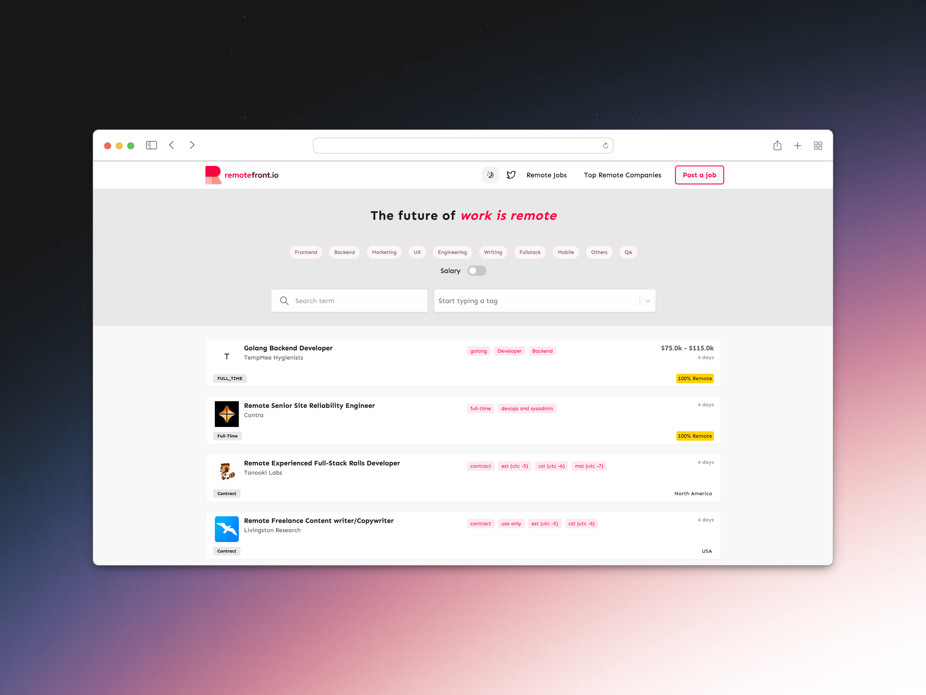 RemoteFront.io - Remote Job Board landing page